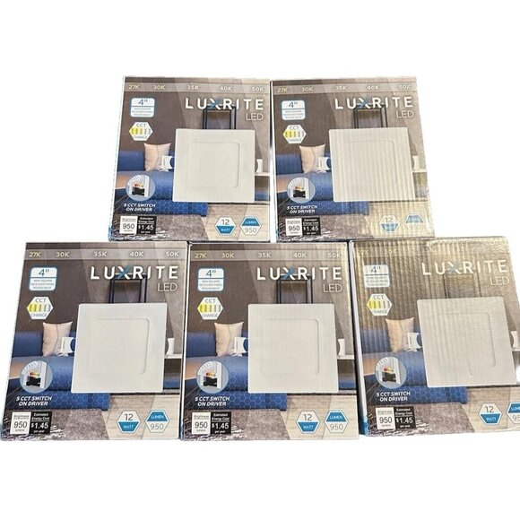 Luxrite 4 Inch Slim Square LED Recessed Light 12W 5CCT 2700K-5000K 950LM 5 Pack - Picture 1 of 5